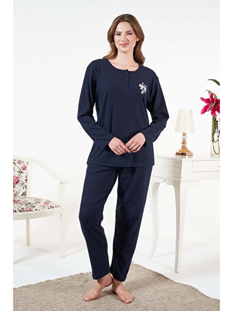Remsa Kadın İnterlok Şardonlu Fitilli Pijama Takımı 25330 Lacivert - S000464586-21164