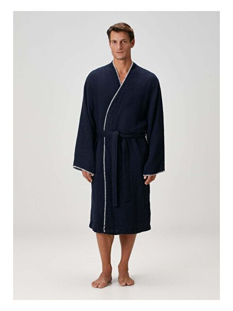 İrya Loom 4 Katlı Müslin Çoban Dikşili Erkek Bornoz Lacivert - S000503614-21164