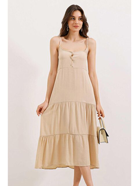 Bigdart 2403 Askılı Midi Elbise - Krem - S000132599-19966