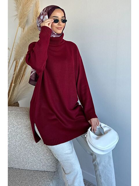 Julude Gülseli Balıkçı Yaka Yırtmaçlı Tesettür Triko Tunik - S000491637-19951