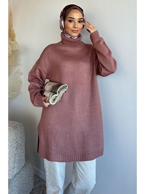 Julude Gülseli Balıkçı Yaka Yırtmaçlı Tesettür Triko Tunik - S000491637-20028