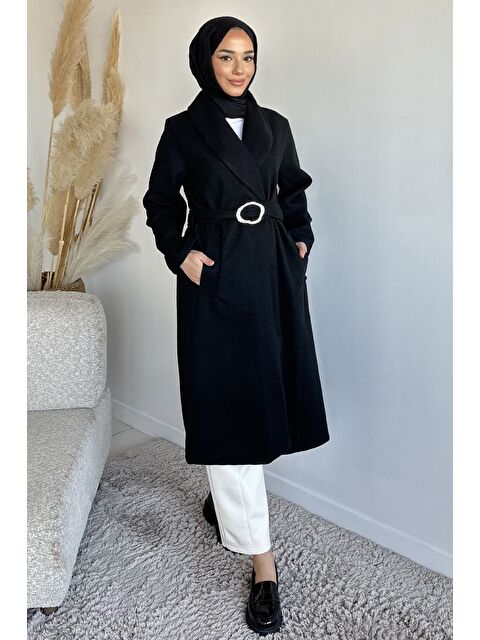 Julude Bel Kuşaklı Gold Toka Detaylı Tesettür Kaşe Kaban - S000491727-19351