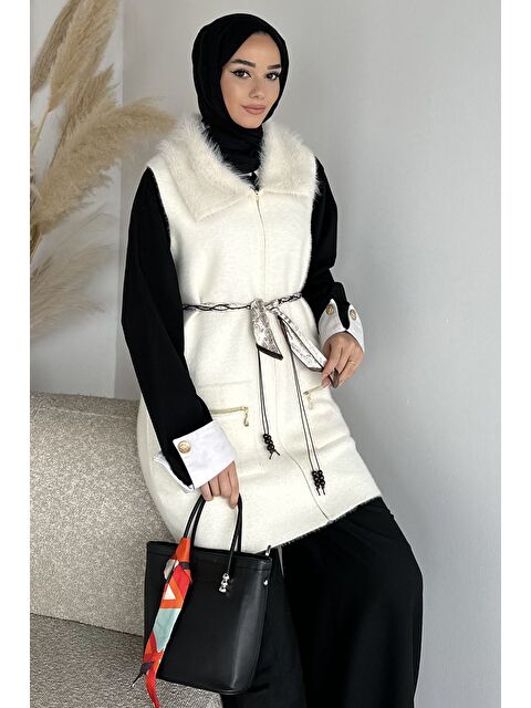 Julude Gülseli Pelüş Detaylı Kemer Aksesuarlı Çift Cepli Tesettür Triko Yelek - S000491728-19966