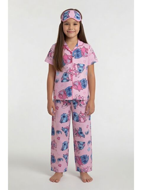 Cansın Mini Pembe Karakter Desenli Kısa Kol Kız Çocuk Göz Bantlı Pijama Takımı 24014