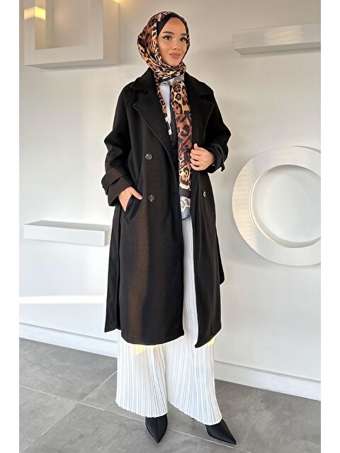 Julude Kendinden Desenli Bel Kuşaklı Tesettür Kaban - S000491725-19351