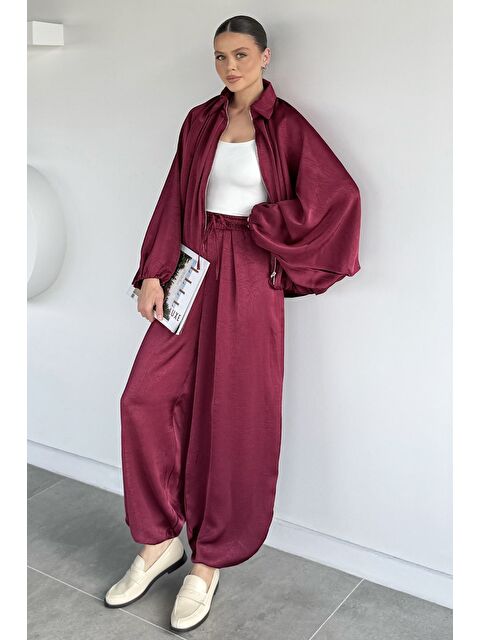 Gülseli Kadın Yarasa Kol Saten Ceket Bel Lastikli Pantolon İkili Takım - S000491730-20036