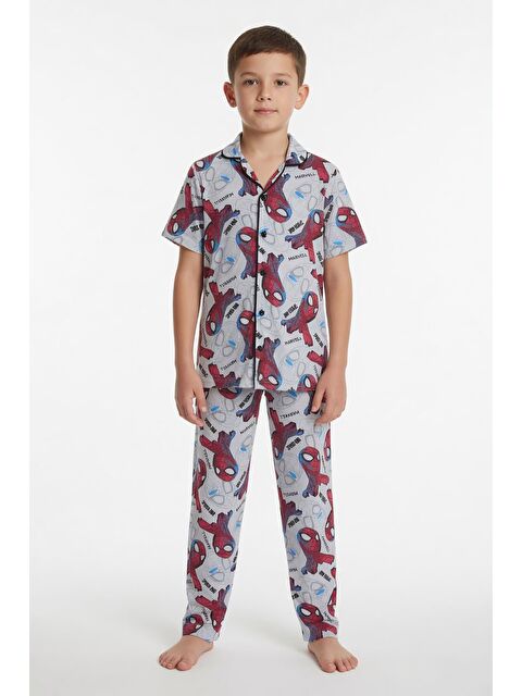 Cansın Mini Gri Örümcek Adam Baskılı Erkek Çocuk Düğmeli Pijama Takımı 24010