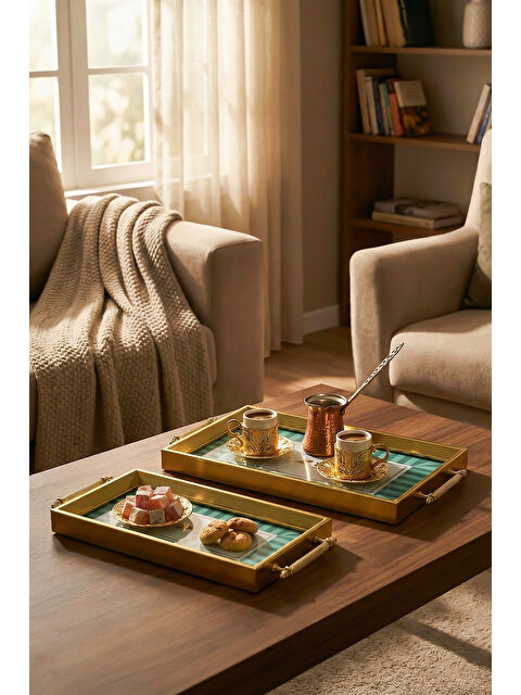 Porsima 4391 2'li Dekoratif Dikdörtgen Çay ve Kahve Kahvaltılık Sunum Tepsi Seti Yeşil - S000515184-18194