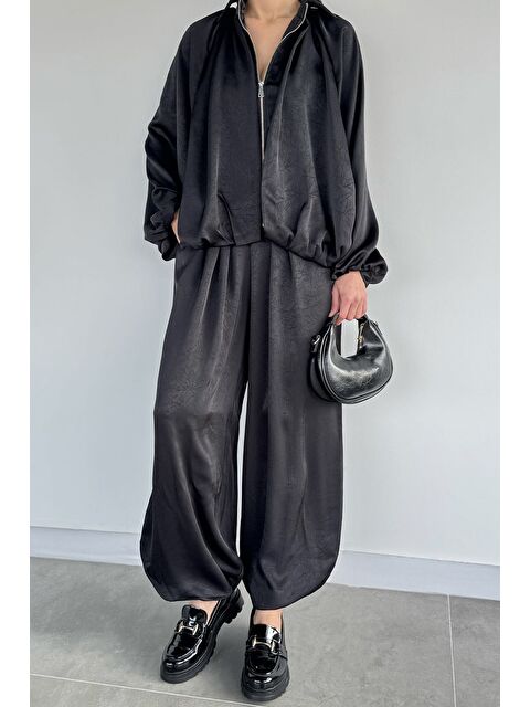 Gülseli Kadın Yarasa Kol Saten Ceket Bel Lastikli Pantolon İkili Takım - S000491730-19351