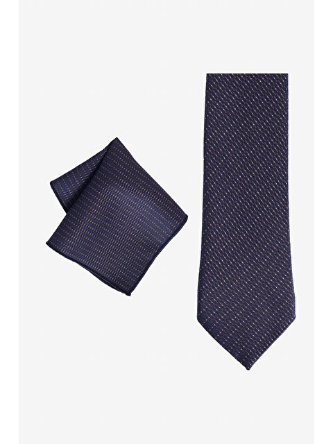 Altınyıldız Classics Erkek Lacivert-Kahverengi Desenli Kravat-Mendil Set