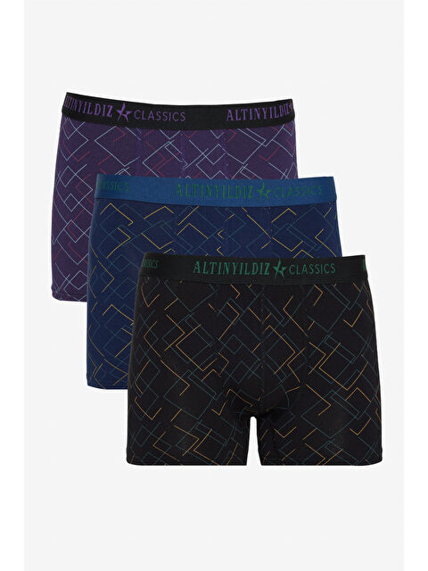 Altınyıldız Classics Erkek Siyah-Lacivert Standart Fit Modal Pamuk Desenli Esnek 3'lü Boxer Paketi - S000413154-37436