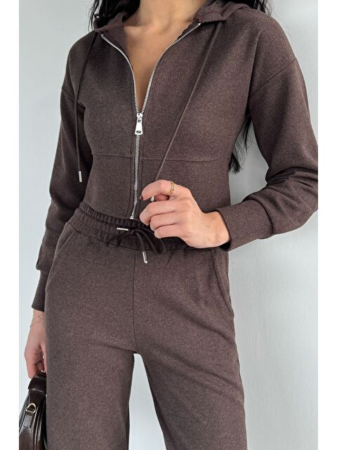 Gülseli Kadın Selanik Kumaş Ön Fermuarlı Kapüşonlu Sweat Bel Lastikli Pantolon İkili Takım - S000491732-19413