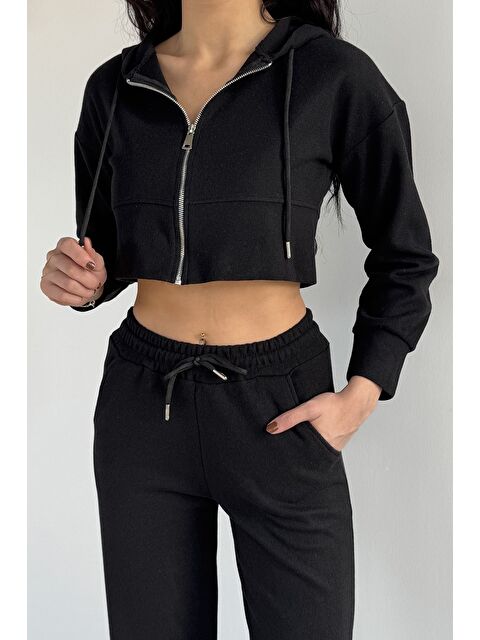 Gülseli Kadın Selanik Kumaş Ön Fermuarlı Kapüşonlu Sweat Bel Lastikli Pantolon İkili Takım - S000491732-19351