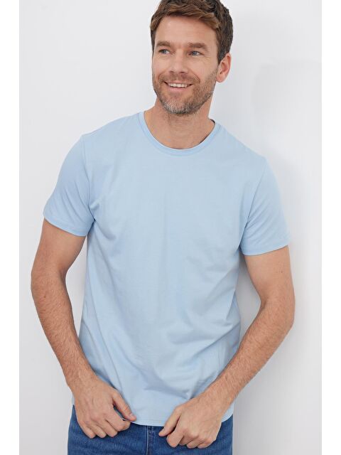 TUDORS Erkek Slim Fit Dar Kesim Pamuklu Yumuşak Doku Elastanlı Esnek Kumaş Basic Mavi Bisiklet Yaka Tişört - S000519416-17234