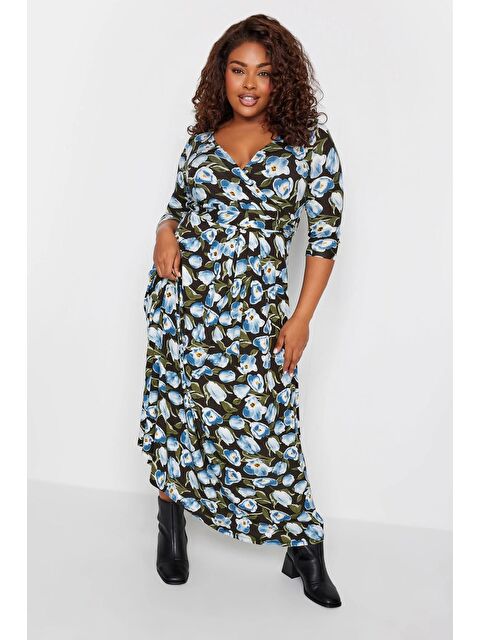 Stil Diva Büyük Beden Çiçek Desenli Beli Kuşaklı Kruvaze Yaka Uzun Elbise 302632 - S000196841-37438