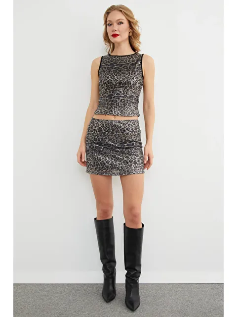 Fullamoda Leopar Desenli Pullu Mini Etek - S000487640-19413