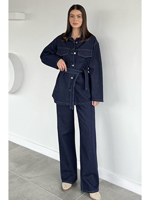 Gülseli Kadın Bel Kuşaklı Jean Jean Ceket Pantolon İkili Takım - S000491737-21164