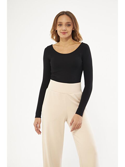 Chandraswear Siyah Kadın Basic Açık Yaka Uzun Kollu Bluz - Soma - S000127237-19351