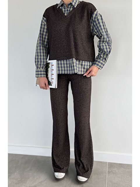 Gülseli Kadın Süveter Garnili Ekose Desenli Gömlek Bel Lastikli Pantolon İkili Takım - S000491745-19413