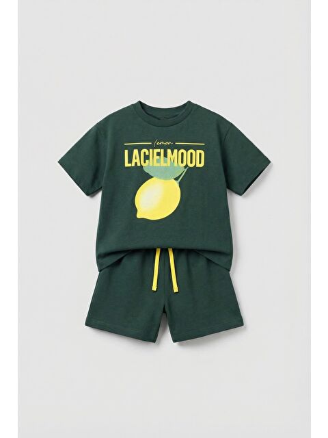 Magu Çocuk Pamuklu Koyu Yeşil Limon Baskılı T-Shirt Şort Takım - Yazlık Spor Kombin - S000518344-18194