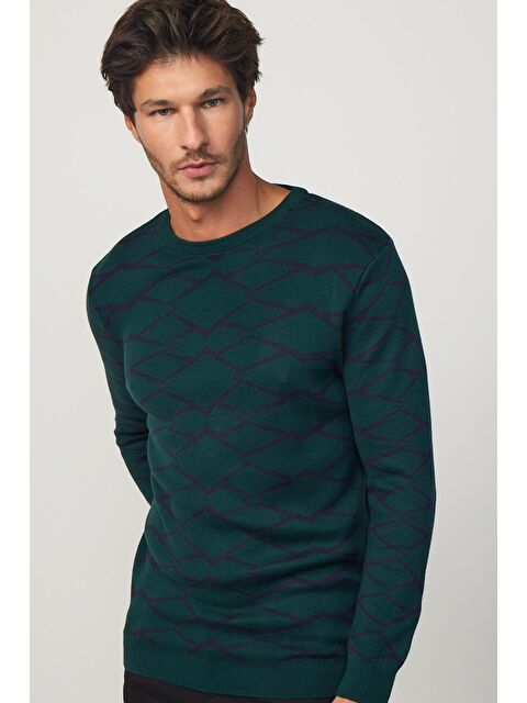 TUDORS Slim Fit Dar Kesim Bisiklet Yaka Jakarlı Yeşil-Siyah Erkek Triko Kazak