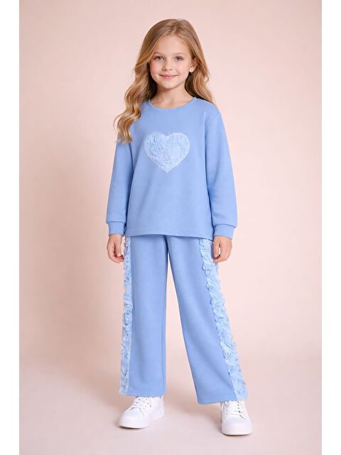 Cansın Mini Mavi Gül Detaylı Geniş Paça Pantolonlu Kız Çocuk Badili 2li Takım 23731 - S000518346-17234