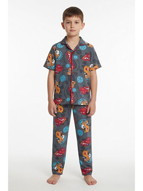 Cansın Mini Gri Yarış Arabası Desenli Erkek Çocuk Pijama Takımı 24009