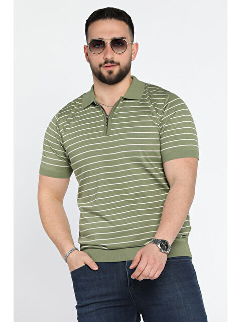 Mishar İtalia Erkek Polo Yaka Çizgi Desenli Yarım Fermuarlı Triko Tişört - S000361384-18547