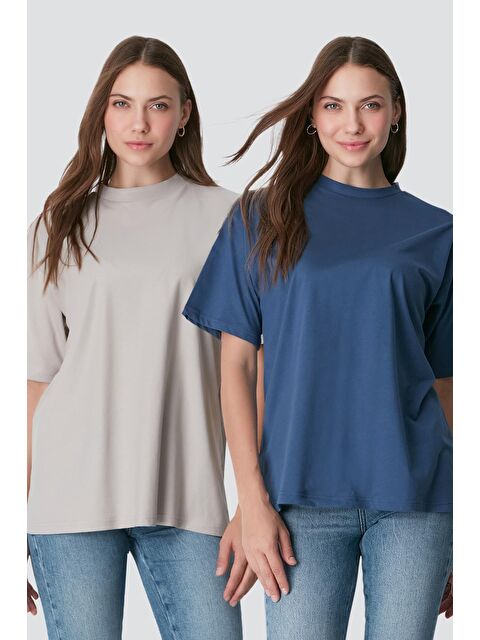 C&City Bisiklet Yaka Kısa Kol 2'Li Casual Basic T-Shirt 961 İndigo/Gri - S000216734-23093