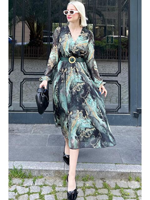 Madmext Yeşil Kruvaze Yaka Desenli Şifon Elbise Mg2065 - S000173403-18194