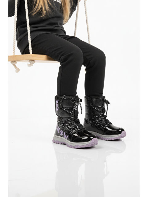 Ayakmod Siyah Lila Kaymaz Taban İçi Polarlı Kız Çocuk Kar Botu 24081 F - S000491759-37439