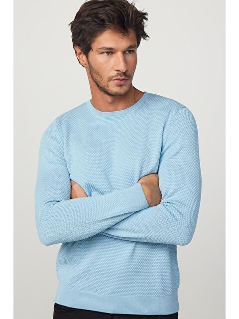 TUDORS Slim Fit Bisiklet Yaka Petek Desenli Mavi Erkek Standart Fit Normal Kesim Triko Kazak - S000109378-17234