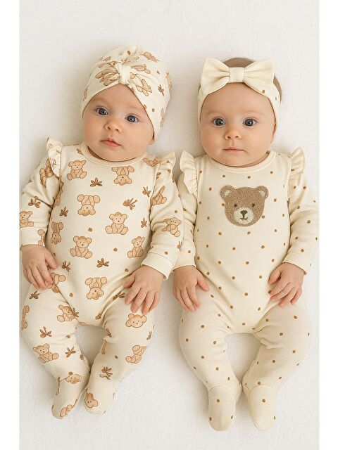 Verona Tarz Kız Bebek Lüx Organik Naturel Ayıcık 4 Parça Tulum Takımı Şapka Saç Bandı Yenidoğan Kıyafeti - S000487274-19965