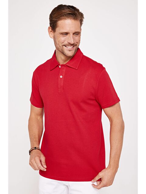 TUDORS Erkek Slim Fit Dar Kesim %100 Pamuk Desenli Bordo Polo Yaka Tişört