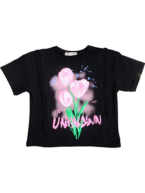 Little Star Kız Çocuk Çiçek Baskılı Fırfır Kenarlı Tshirt - S000345860-19351
