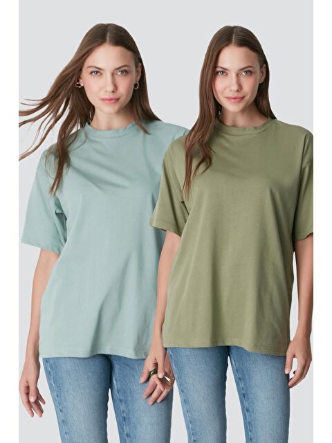 C&City Bisiklet Yaka Kısa Kol 2'Li Casual Basic T-Shirt 961 Haki/Çağla - S000216734-18547