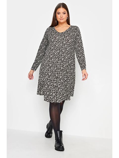 Stil Diva Büyük Beden V Yaka Çiçek Desenli Uzun Kollu Kısa Elbise 302740 - S000196848-37424