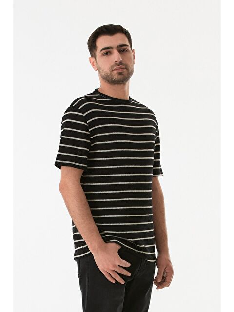 Fullamoda Çizgili Ajurlu Bisiklet Yaka Triko Tişört - S000380556-19965