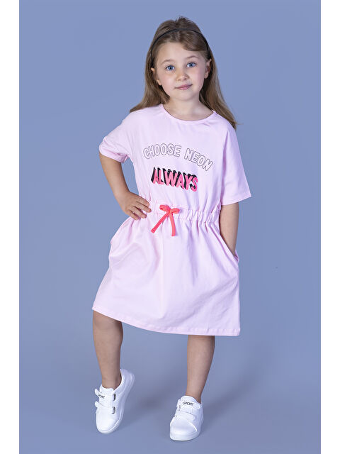 Toontoykids Kız Çocuk Baskılı Taş İşlemeli Beli Lastikli İki Yanı Cepli Elbise - S000420109-20024