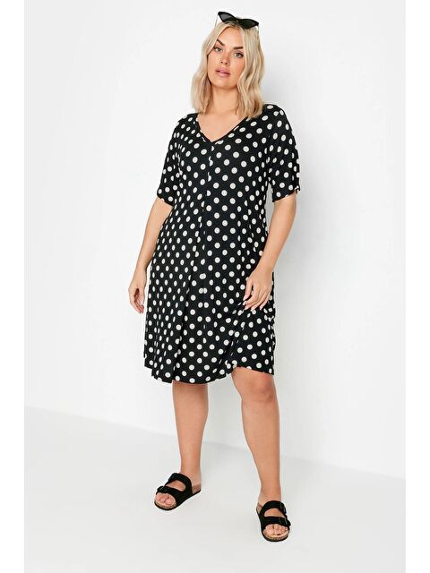 Stil Diva Büyük Beden V Yaka Önü Pliseli Puantiye Desenli Kısa Elbise 303167 - S000196858-19351