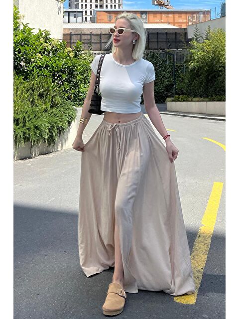 Madmext Bej Beli Lastikli Yırtmaçlı Uzun Kadın Etek Mg2062 - S000197672-19928