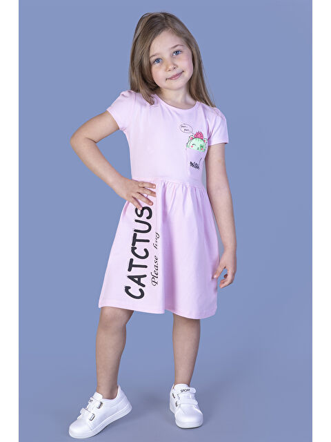 Toontoykids Kız Çocuk Cebi Meow Nakışlı Taş İşlemeli Baskılı Elbise - S000420110-20024