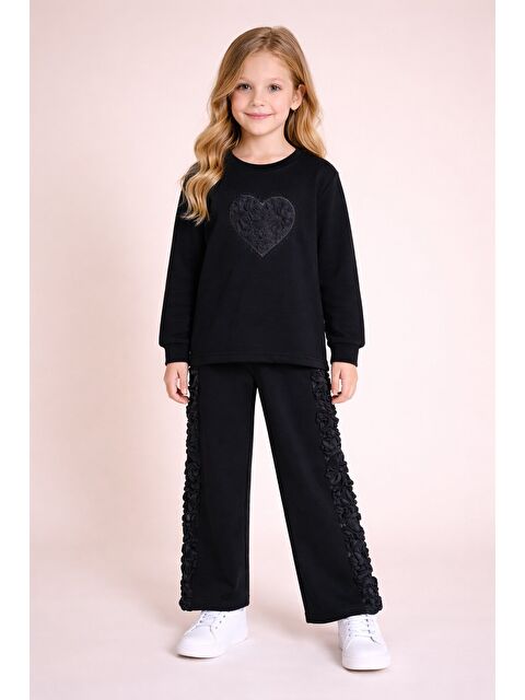Cansın Mini Siyah Gül Detaylı Geniş Paça Pantolonlu Kız Çocuk Badili 2li Takım 23729 - S000518346-19351