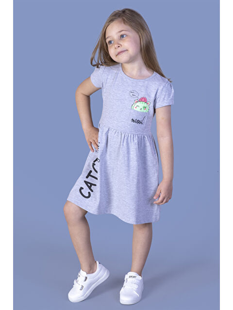 Toontoykids Kız Çocuk Cebi Meow Nakışlı Taş İşlemeli Baskılı Elbise - S000420110-20600