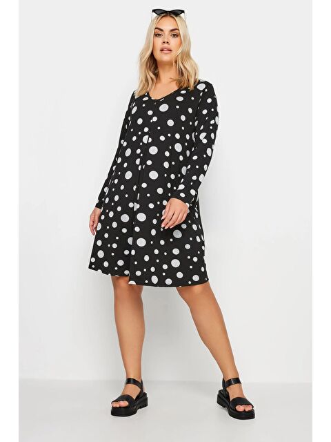 Stil Diva Büyük Beden V Yaka Uzun Kollu Puantiye Desenli Elbise 303104 - S000196861-19351