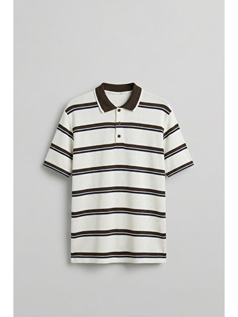 Abluka Online Erkek Regular Fit Çizgili Triko Polo Yaka T-Shirt Ekru