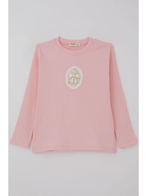 Breeze Kız Çocuk Uzun Kollu Tişört Vintage Dantel Fiyonk Aplikeli Pembe (5-10 Yaş)
