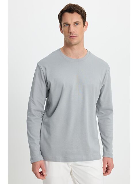 TUDORS Unisex Relax Fit Rahat Kesim %100 Pamuk Uzun Kollu Bisiklet Yaka Gri Basic Tişört - S000519439-20600
