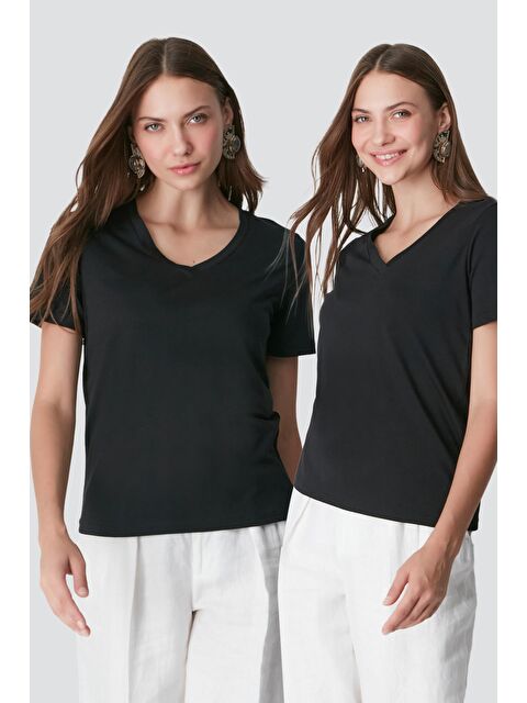 C&City V Yaka Kısa Kol 2'li Basic T-Shirt 962 Siyah - S000216736-19351