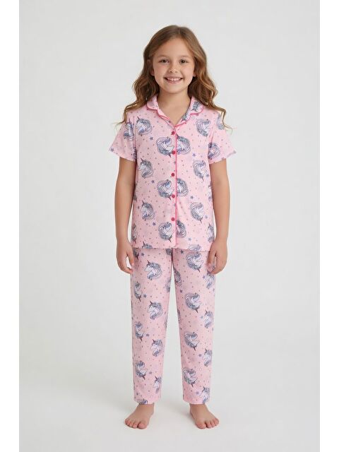 Cansın Mini Pembe Desenli Kız Çocuk Göz Bantlı Pijama Takımı 24011